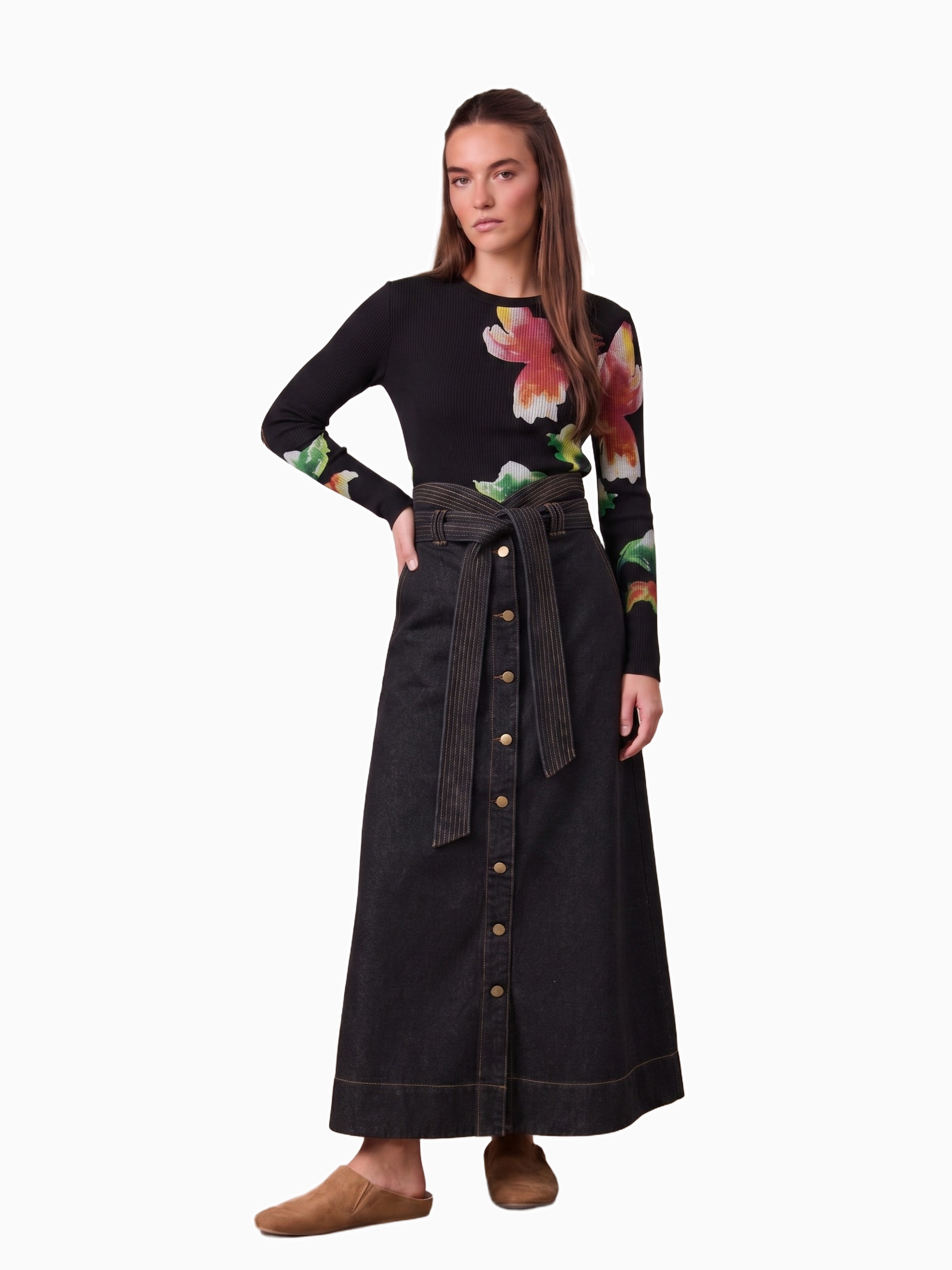 High Waist Black Denim Skirt Button Down Casual Female Skirts-0